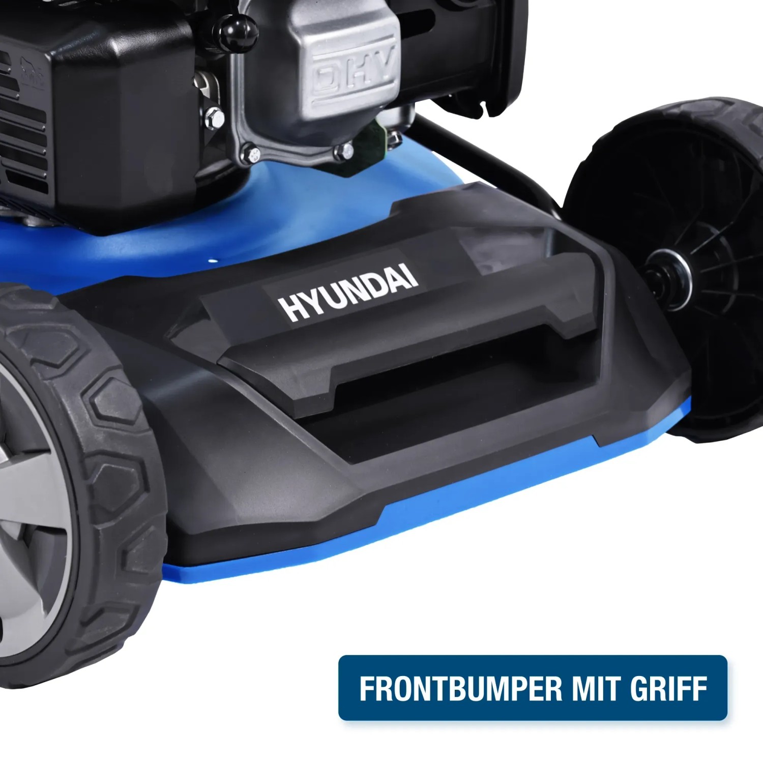 Detailaufnahme: Blauer Hyundai Benzin-Rasenmäher LM5122G mit Frontbumper und Griff.