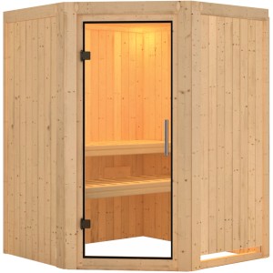 Karibu Sauna Lyra Natur: Elementsauna mit Glastür, Bänken und Ofenschutzgitter.