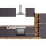 Moderne Küchenzeile Turin 330 cm in Graphit-Wotaneiche mit E-Geräten wie Herd, Kühlschrank und Geschirrspüler.