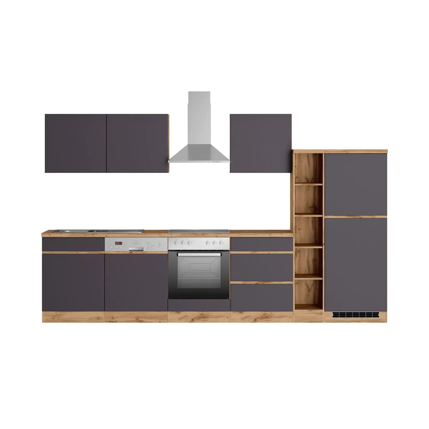 Moderne Küchenzeile Turin 330 cm in Graphit-Wotaneiche mit E-Geräten wie Herd, Kühlschrank und Geschirrspüler.