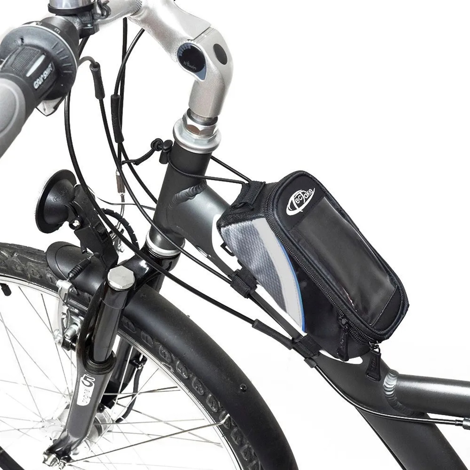 Tectake Fahrradtasche am Rahmen befestigt, schwarz-grau-blau, wasserabweisend.