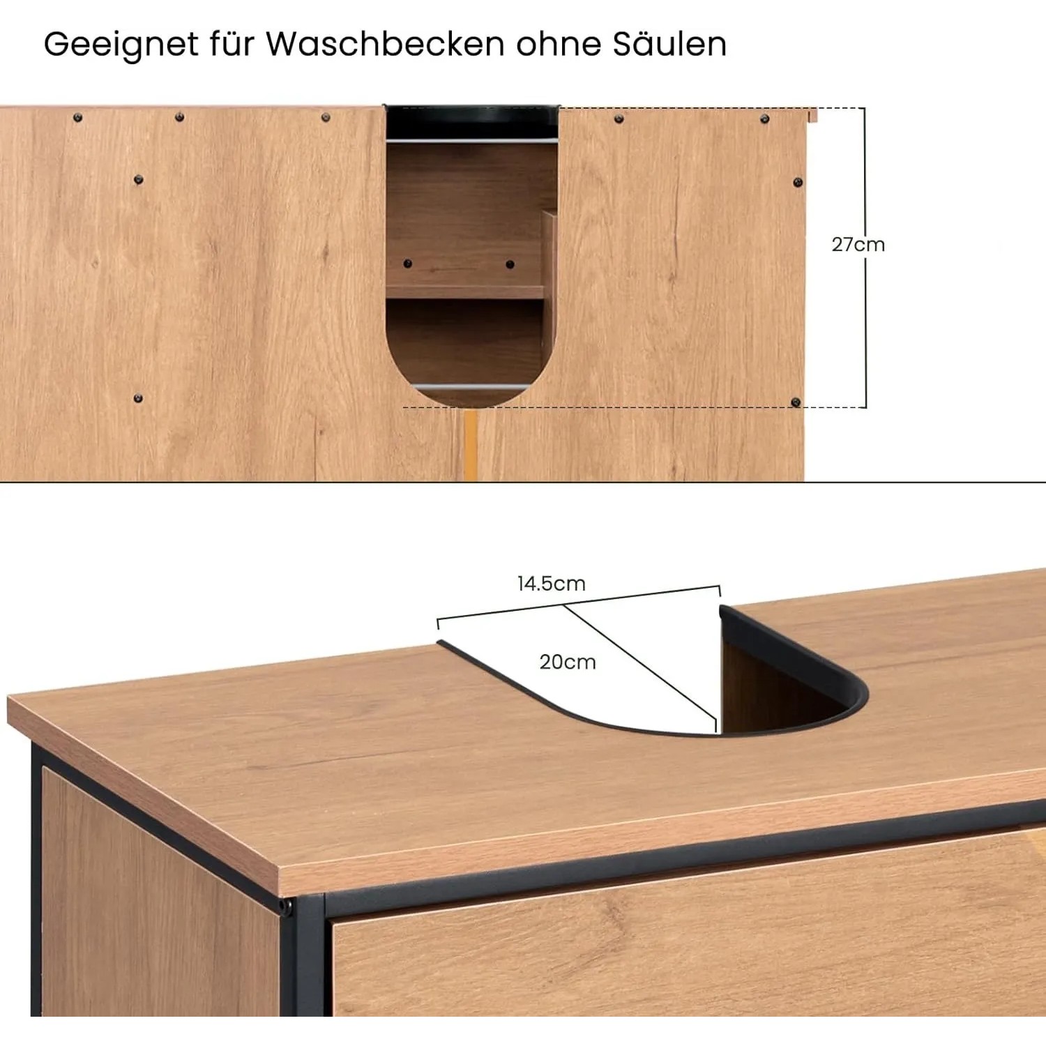 Detailansicht des EUGAD Waschbeckenunterschranks: Siphonausschnitt (20x14,5cm) und Rückwand (27cm) in heller Eiche/Schwarz.