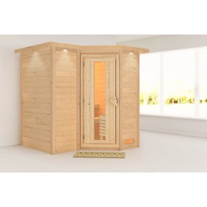 Woodfeeling Sauna Steena 1 aus naturbelassener Fichte mit Dachkranz und Glastür.