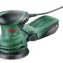 Grüner Bosch Exzenterschleifer PEX 220 A mit schwarzem Griff, rundem Schleifteller und Microfilter-Staubbox.