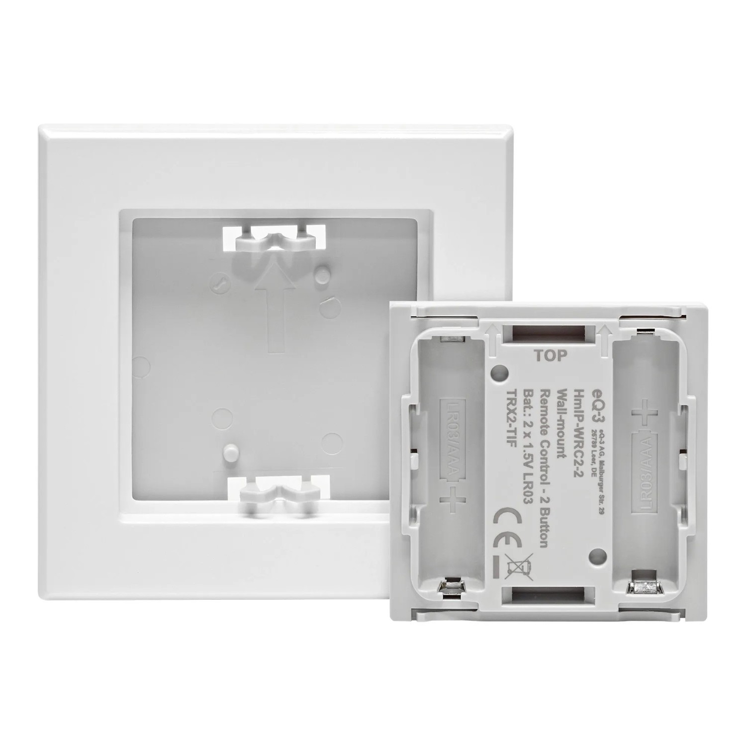 Homematic IP Wandtaster 2-fach, Rückseite mit Montageplatte und Batteriefach für 2 AAA-Batterien. Funk-Wandtaster Hausautomation.