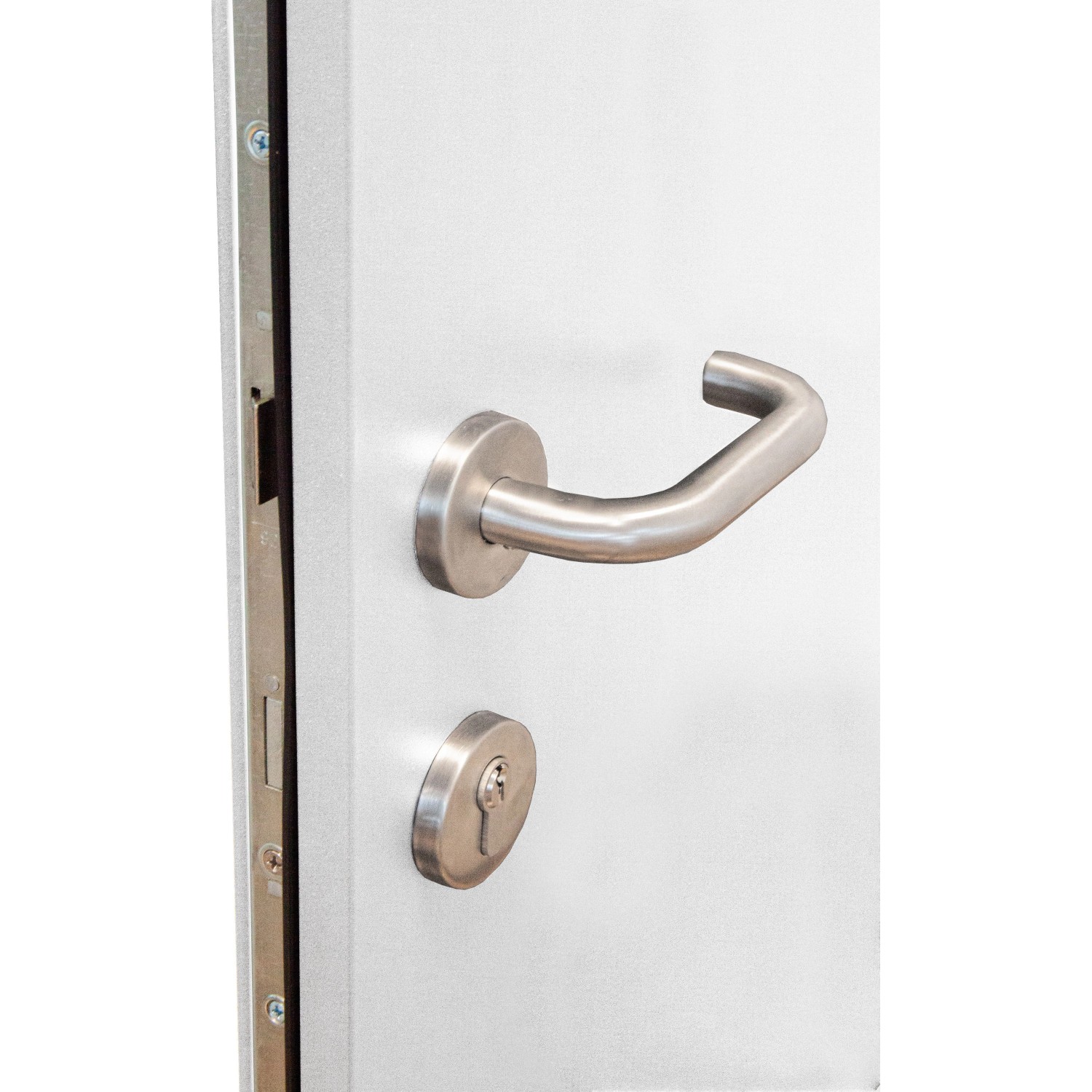 Detailansicht: Weiße Sicherheits-Haustür ThermoSpace Prime Palermo RC2 mit Edelstahl-Drückergarnitur.