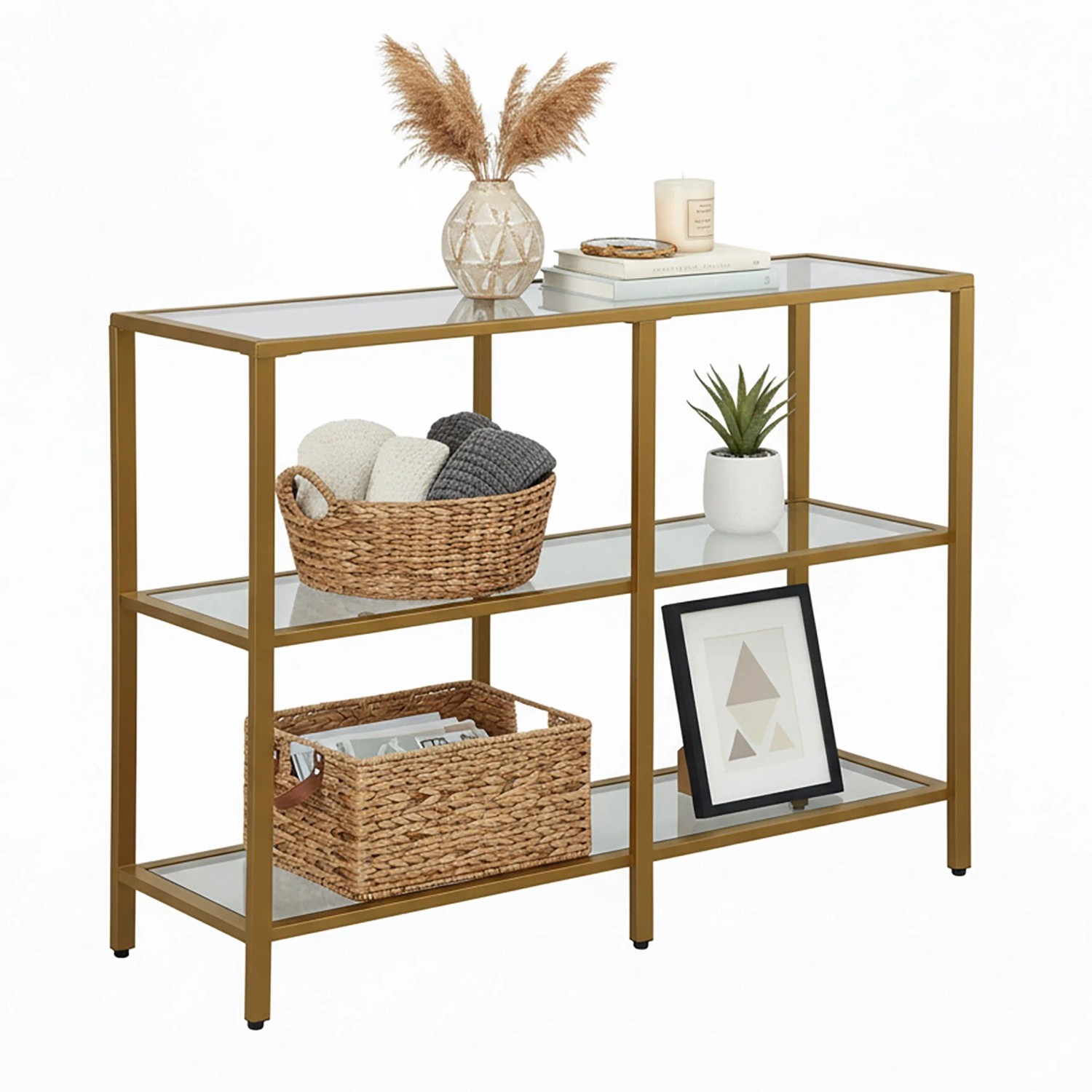 Relaxdays Konsolentisch Glas Metall Gold mit 3 Ablagen 73 cm x 100 cm x 30 cm 15,2 kg