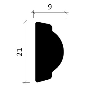 Profil der weißen PROFHOME Wand- und Friesleiste (200x0,9x2,1cm) mit Maßangaben.