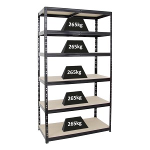 Schwarzes PROREGAL Schwerlastregal Giant Tiger XL mit 6 Ebenen und einer Fachlast von 265 kg.