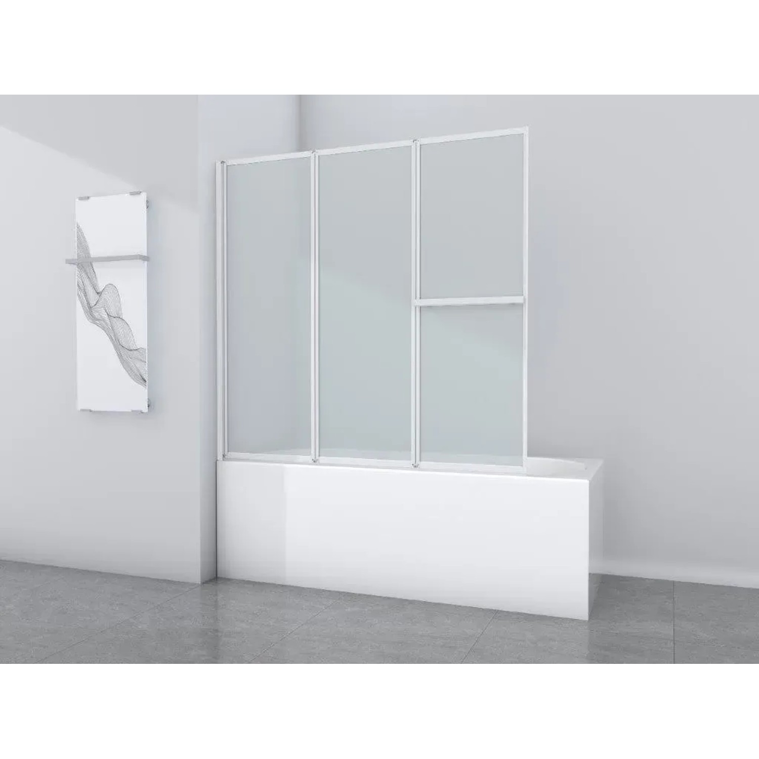 Aurlane Badewannenfaltwand White Comfort, 3-teilig, mit weißem Rahmen und gefrostetem Glas.