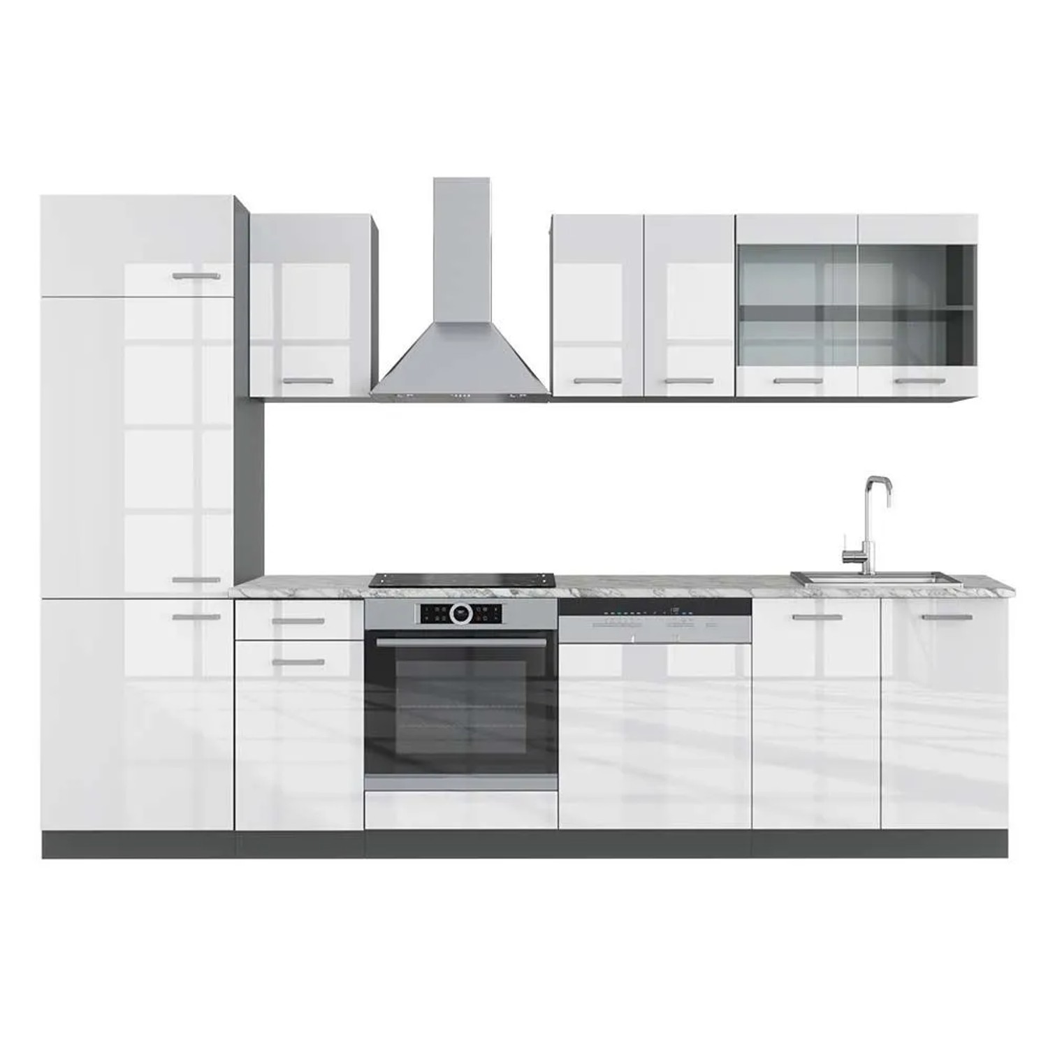 Vicco R-Line Küchenzeile Weiß Hochglanz Anthrazit 300 cm AP Marmor ohne E-Geräte