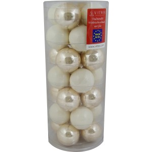 Vitbis Weihnachtskugeln, 28 Stk., Champagner-Weiß, Glas, matt & glänzend, ø 6 cm.