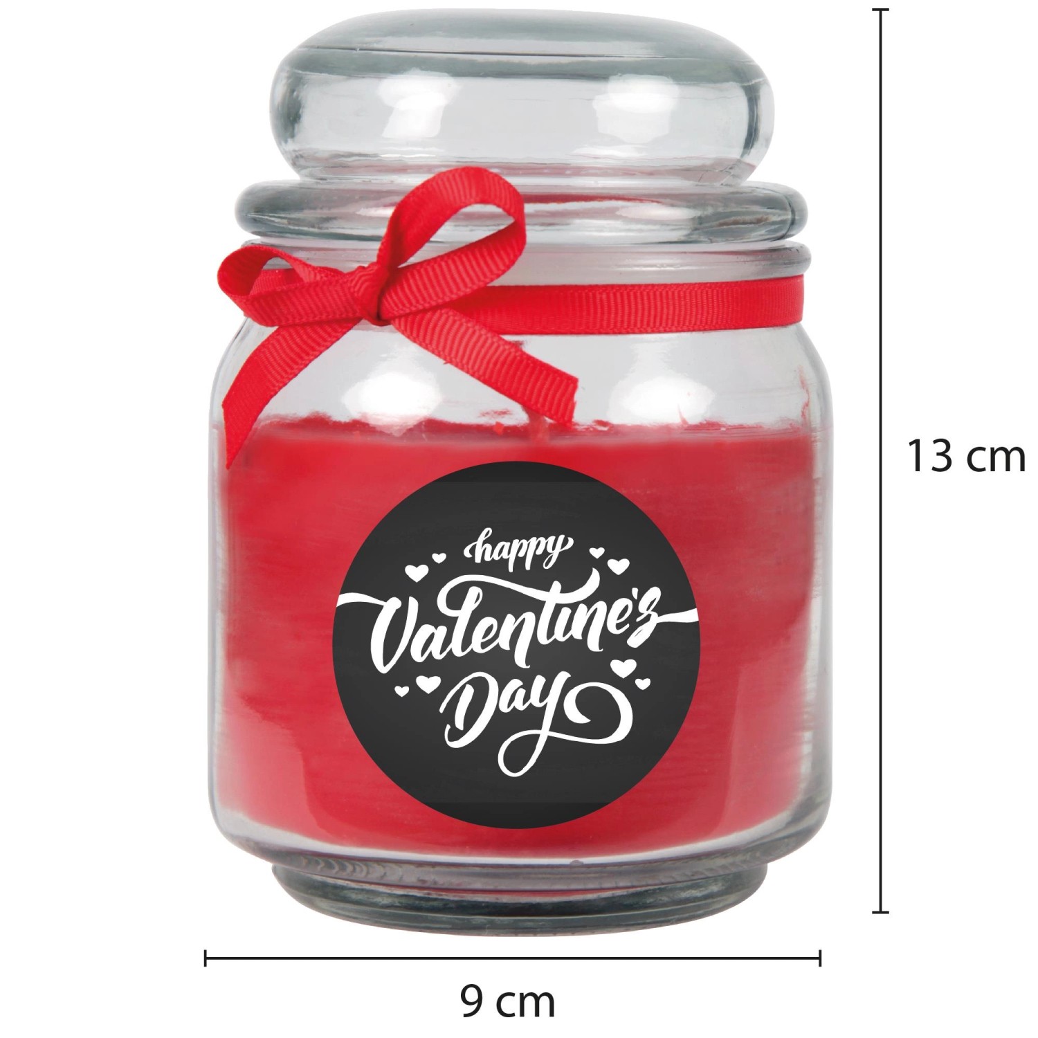 Duftkerze im Glas mit rotem Wachs, Schleife und "Happy Valentine's Day" Aufdruck. Valentinstagsgeschenk.
