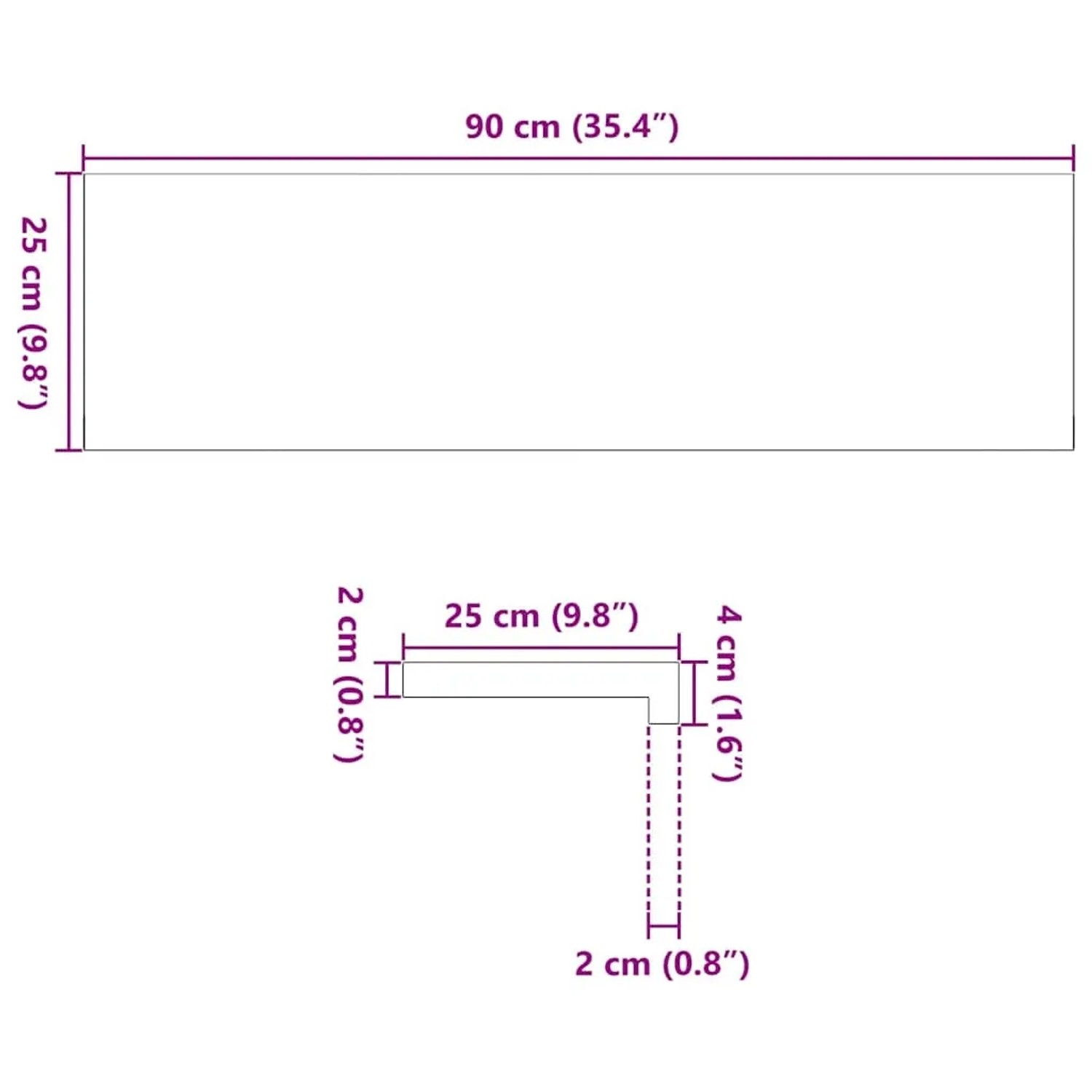 Skizze: vidaXL Treppenstufe, 90x25x2 cm, hellbraunes Eichenholz, Maße dargestellt.