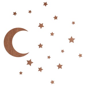 Wanddeko Mond und Sterne aus Holz, Mahagoni Furnier, 35x40cm. Wandbild für Wohn- und Kinderzimmer.
