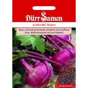 Dürr Samen Kohlrabi Blaro: Saatgut-Packung mit blauen Kohlrabi und Saatgutansicht.