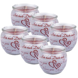 6er Pack Duftkerzen im Glas mit "Ich liebe Dich"-Motiv, ideal als Geschenk.