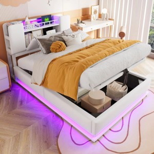 Beiges Kinderpolsterbett 90x200cm mit LED-Beleuchtung, USB, Kopfteil- und Bettkasten-Stauraum. Samtstoff.