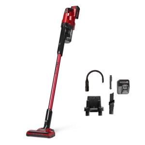 Roter Einhell Akku-Stielstaubsauger TE-SV 18 Li mit 4 Ah Akku, Ladegerät, Wandhalterung und Düsen. Kabelloser Bodenstaubsauger.