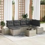 Hellgraues 7-teiliges vidaXL Garten-Sofa-Set aus Poly Rattan mit Kissen.