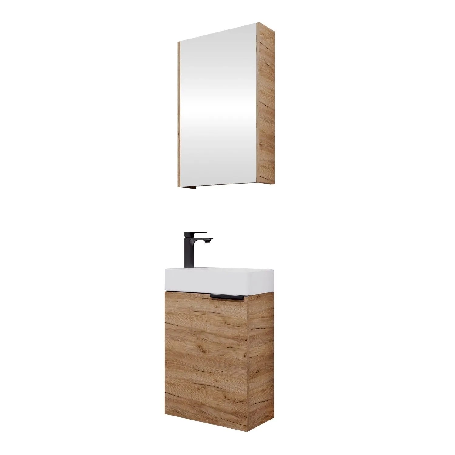 Planetmöbel Badmöbel Set 40 cm mit Spiegelschrank und Waschbecken Gold Eiche