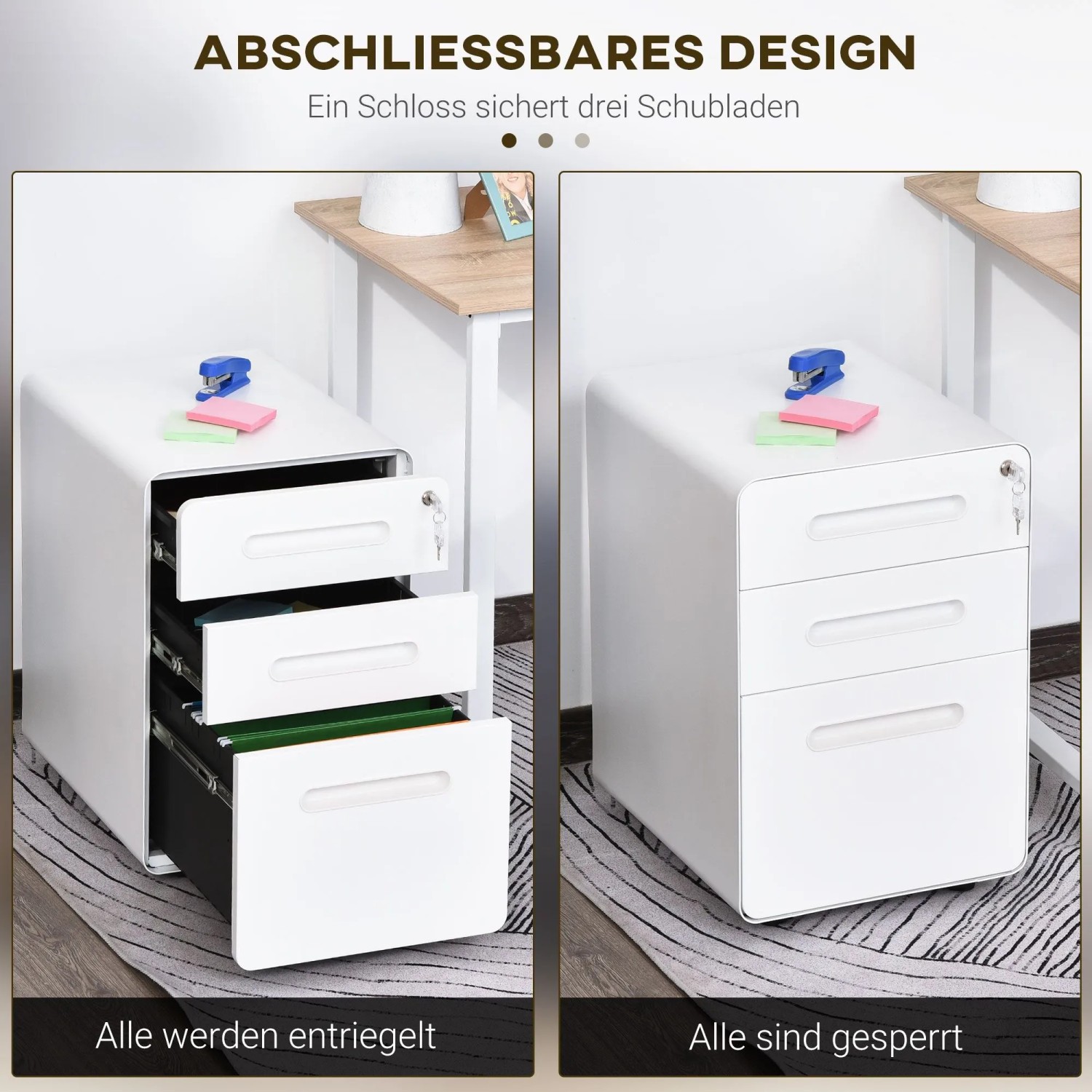 Weißer Vinsetto Rollcontainer mit 3 Schubladen, offen und geschlossen, zeigt das abschließbare Design für Büroschränke.