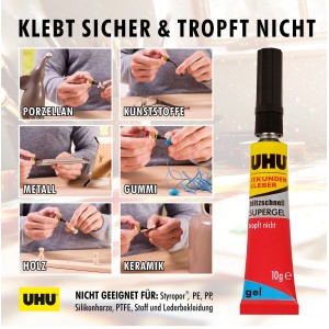 Uhu Sekundenkleber Supergel Tube 10g, geeignet für Porzellan, Kunststoff, Metall, Gummi, Holz und Keramik.