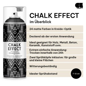 Schwarze COSMOS LAC Kreidefarbe Spraydose "Chalk Effect Holzkohle" mit Produktinfos zu Anwendung & Eigenschaften.
