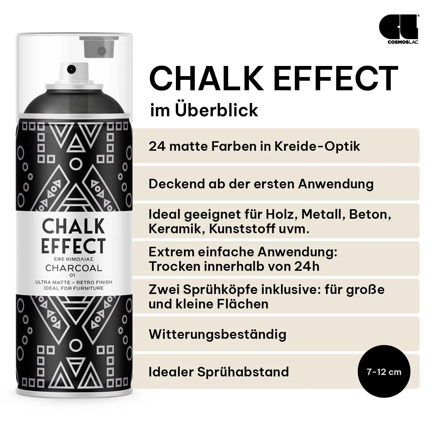 Schwarze COSMOS LAC Kreidefarbe Spraydose "Chalk Effect Holzkohle" mit Produktinfos zu Anwendung & Eigenschaften.