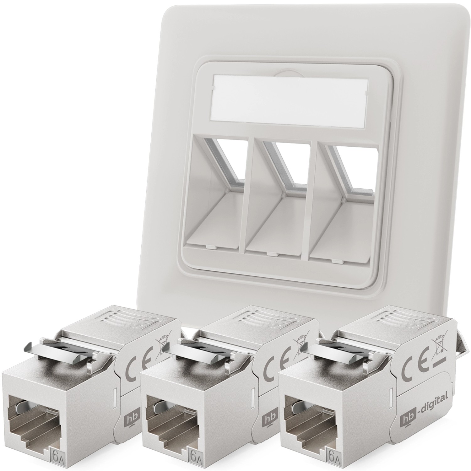 hb-digital Netzwerkdose Unterputz Einsatz 3 Port mit 3x Keystone Modul CAT 6a RAL9003
