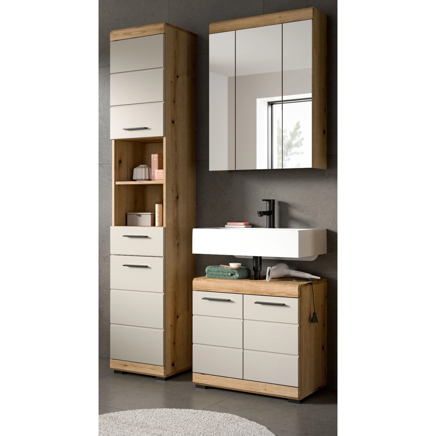 Inn.Furn Badmöbel Set 3-teilig in Sand und Eiche 112 cm Shawn günstig online kaufen