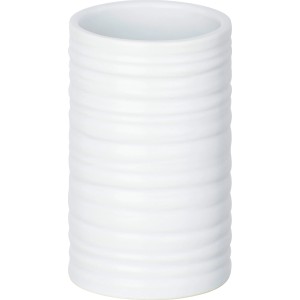 Weißer Wenko Zahnputzbecher Mila aus Keramik mit geriffeltem Design.