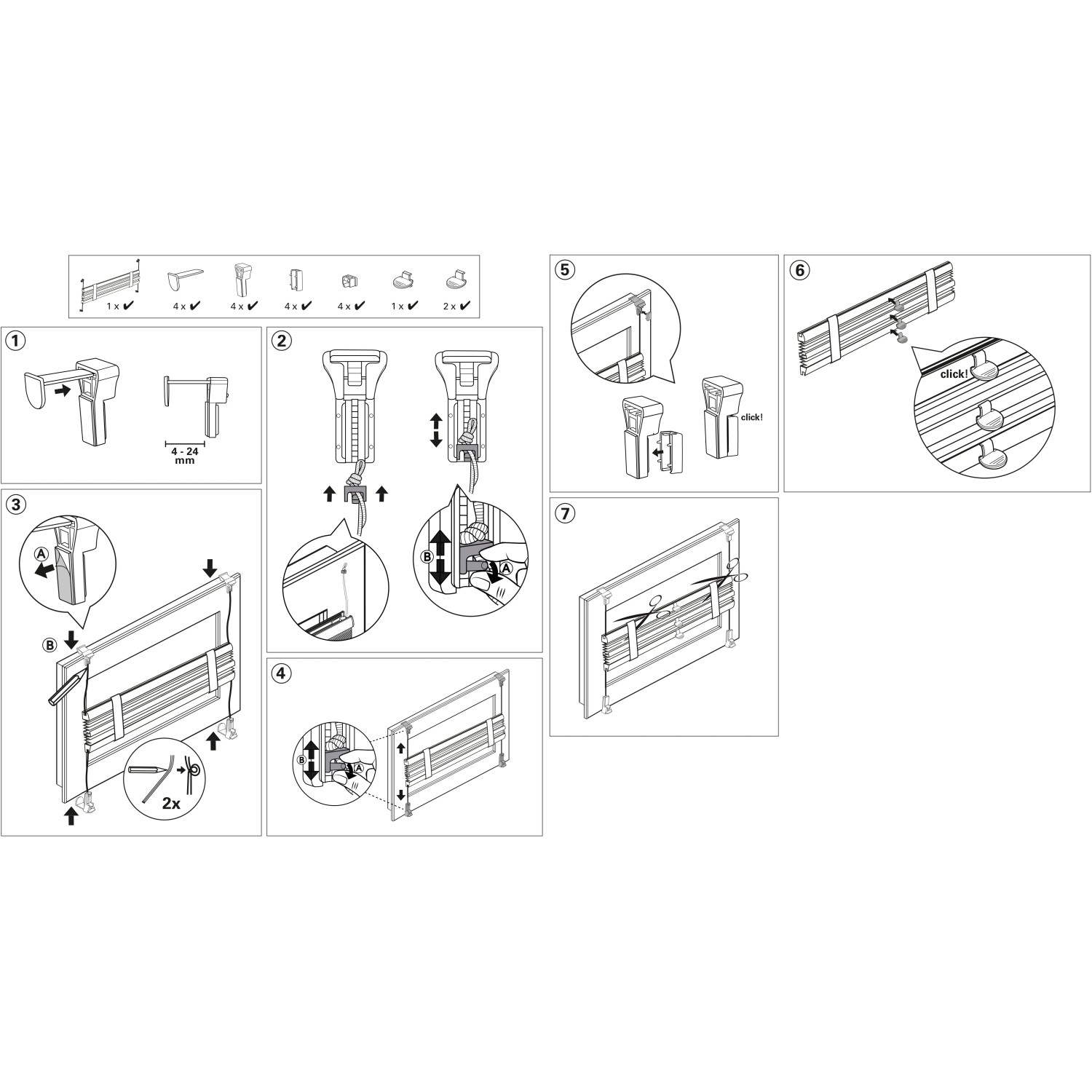 Montageanleitung für Gardinia Easy Fix Plissee Tag und Nacht, weiße Fensterdekoration.