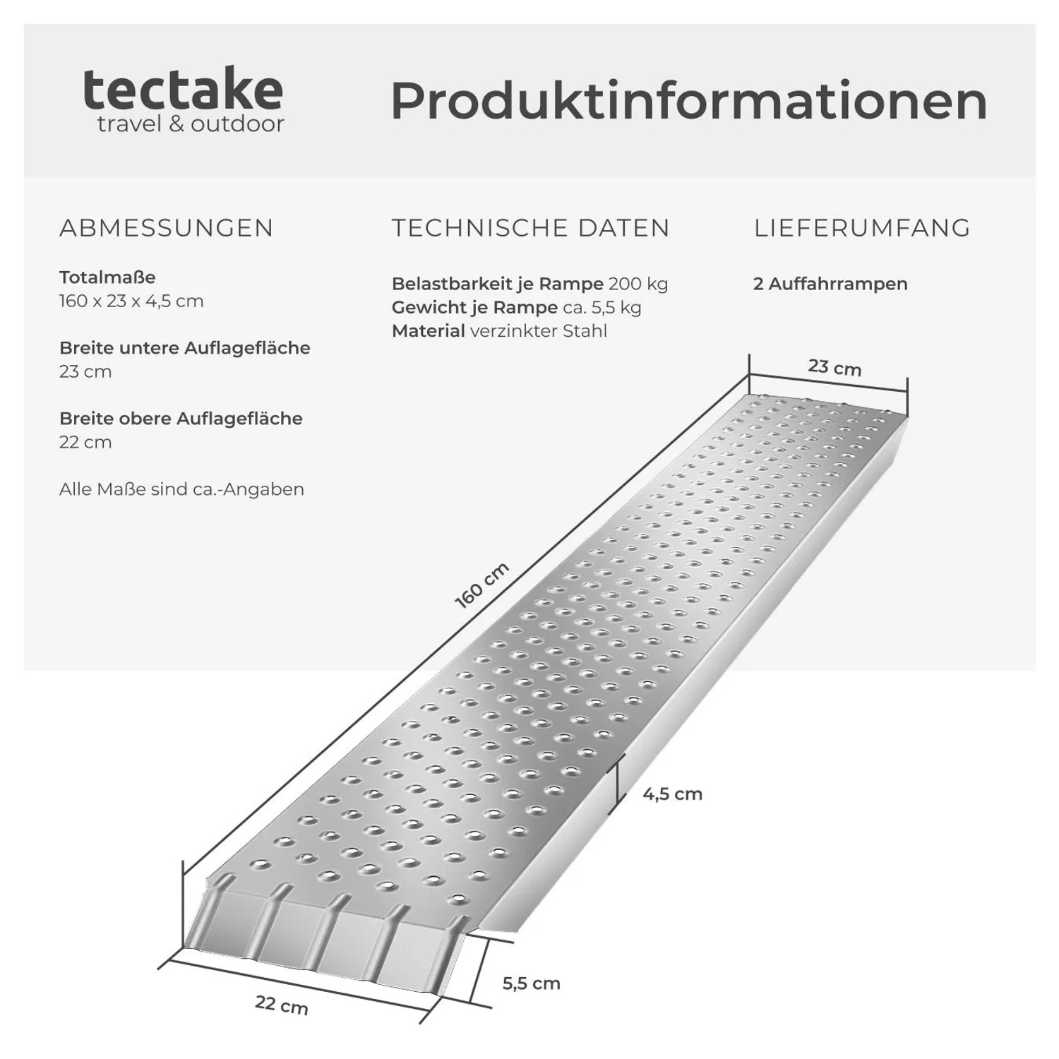 Tectake Auffahrrampen, 2er Set aus verzinktem Stahl, 160x23x4,5 cm, silberfarben. Zubehör für Autoanhänger.