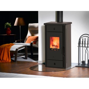 Wamsler Luke Kaminofen, Stahl anthrazitgrau, 8 kW, mit Flammen im Brennraum und Kochplatte.