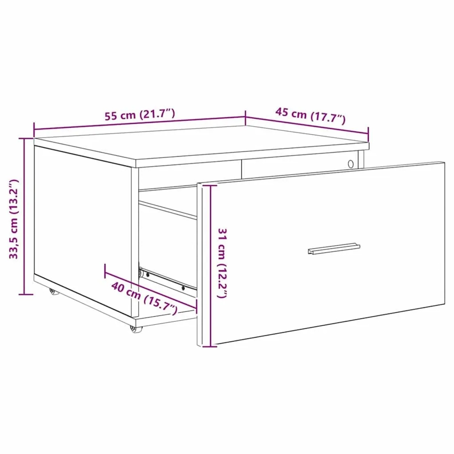 vidaXL Schubladenschrank Artisan-Eiche, 55x45x31cm, mit offener Schublade und Maßangaben.