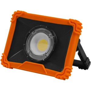 Ledvance LED-Baustrahler akkubetrieben, schwarz mit orangefarbenem Rahmen, 11,5 cm.