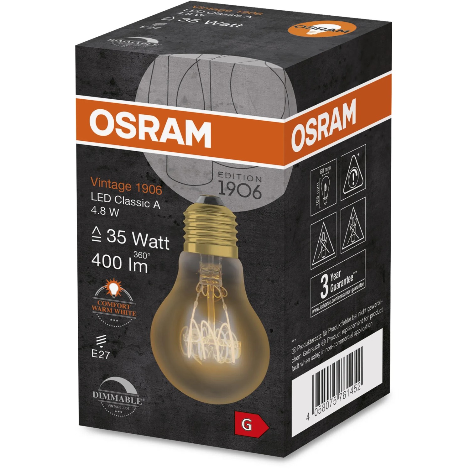 Osram E27 LED-Lampe in Glühlampenform, 4,8W, warmweiß, dimmbar. Vintage Design.