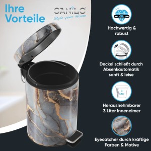 SANILO Kosmetikeimer Marmor Abstrakt, 3L, mit Pedal und Absenkautomatik. Edles graues Marmordesign mit goldenen Akzenten.