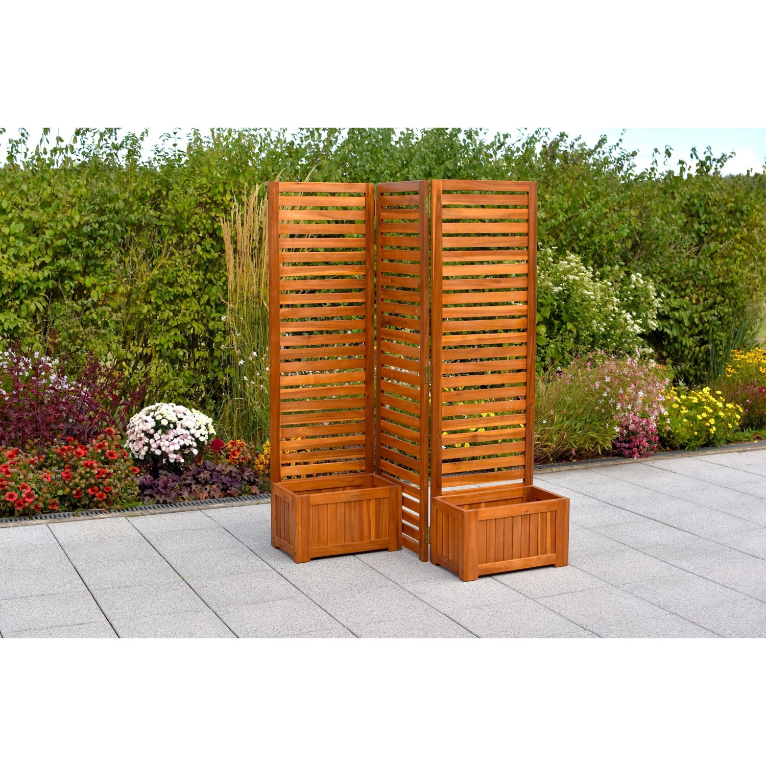 Merxx Sichtschutz mit 2 Blumenkästen aus geöltem Akazienholz, flexibel aufstellbar.