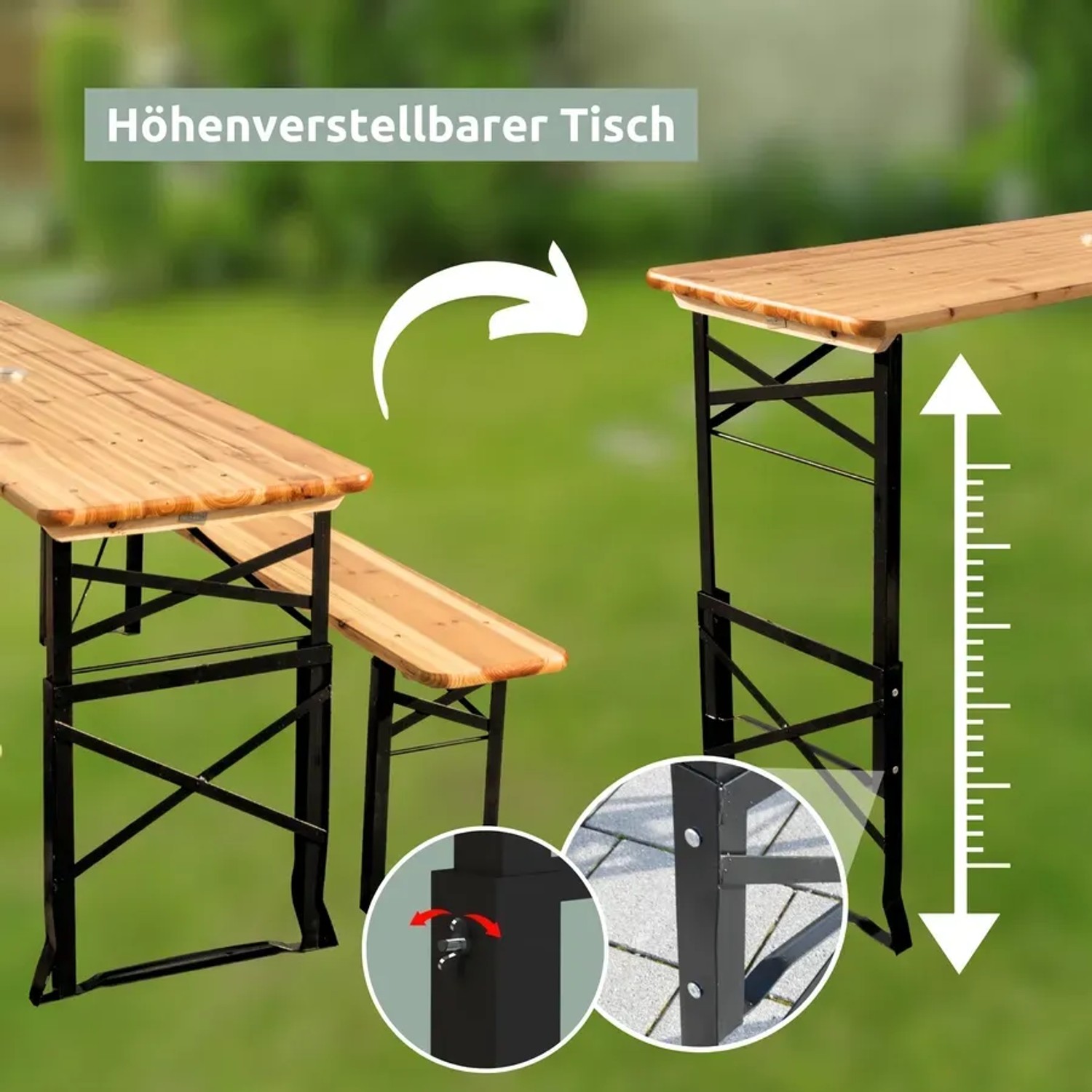 holz4home Bierzeltgarnitur: Höhenverstellbarer Tisch und Bänke mit Klappfunktion und Wandhalterung.