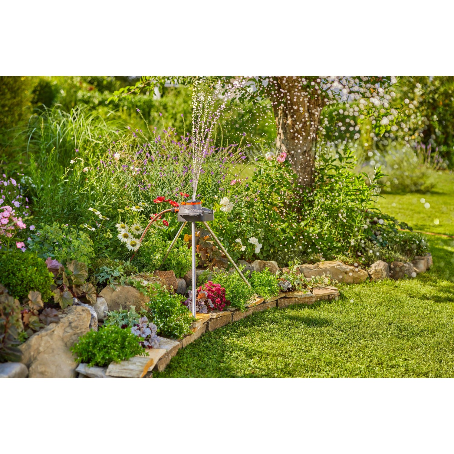 Gardena Regner-Stativ im Garten, bewässert Blumen und Pflanzen. Dreibein-Stativ für Regner.