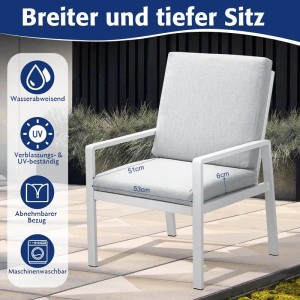 Weißer Sessel der MeXo Garten Essgruppe aus Aluminium mit grauen Kissen.