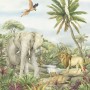 Fototapete mit Dschungeltieren: Elefant, Löwe, Papagei und tropische Pflanzen in Grün. Ideal für das Kinderzimmer.
