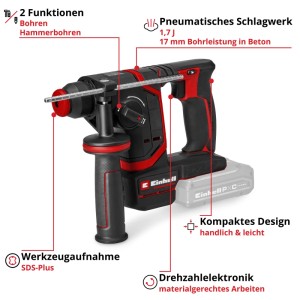 Einhell Akku-Bohrhammer TP-HD 18/17-C Li BL Solo, schwarz-rot, mit SDS-Plus, 1,7 J Schlagenergie für Bohren & Hammerbohren.