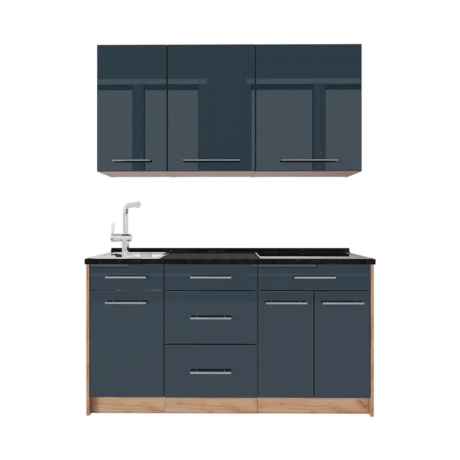 Vicco Singleküche Fame-Line Dunkelblau Hochglanz/Goldkraft Eiche 150 x 82 ohne Arbeitsplatte Art Nr 65765