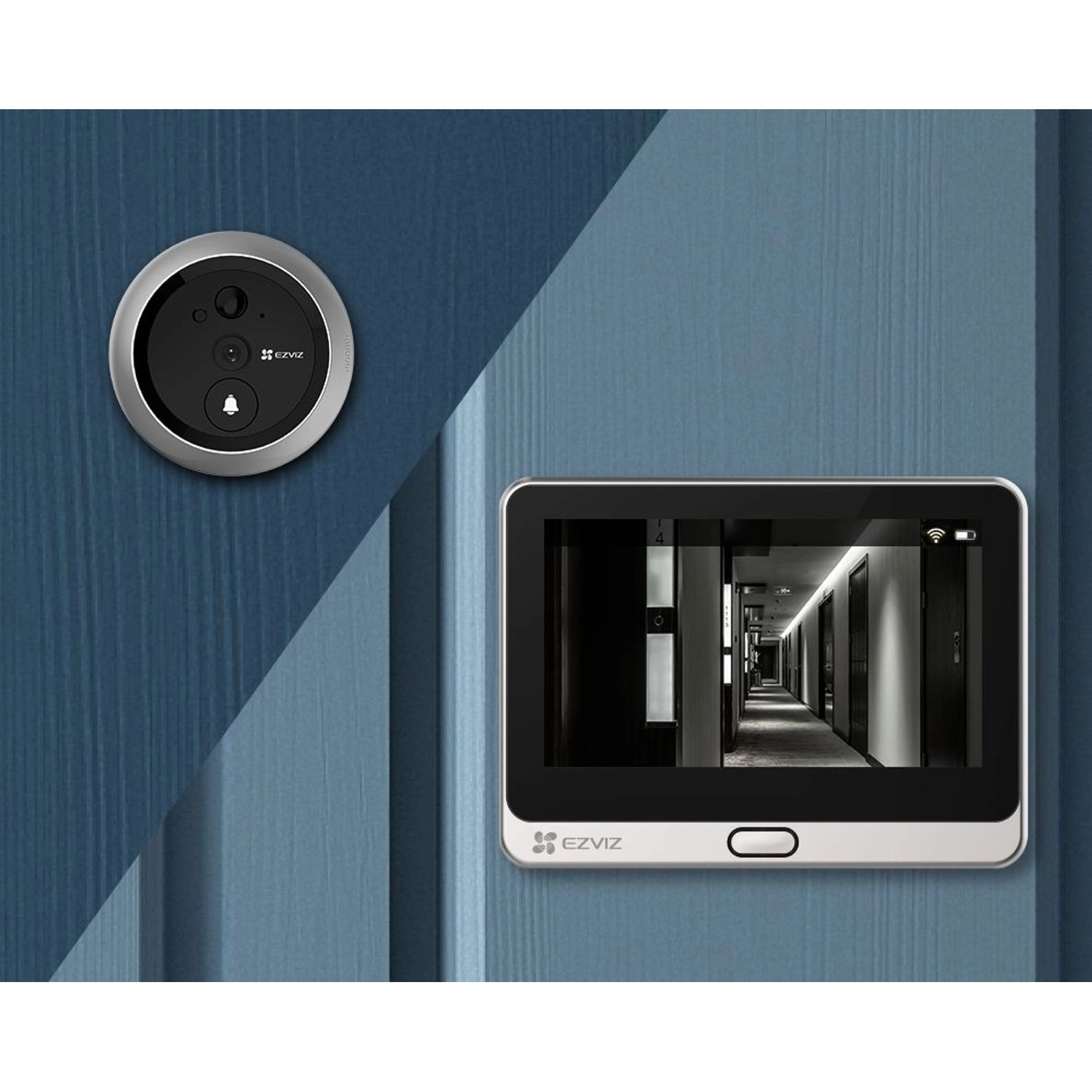 Ezviz DP2C Video-Türsprechanlage kabellos mit Kamera und Monitor an einer blauen Tür.