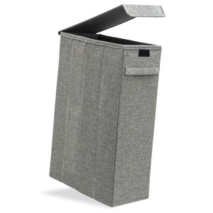 Grauer DuneDesign Wäschekorb mit Deckel, 50 Liter, 20x40x60 cm. Schmale Wäschebox für Bad oder Kinderzimmer.