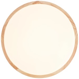 Runde LED-Deckenleuchte Laskos mit Holzrahmen und weißem Lampenschirm.