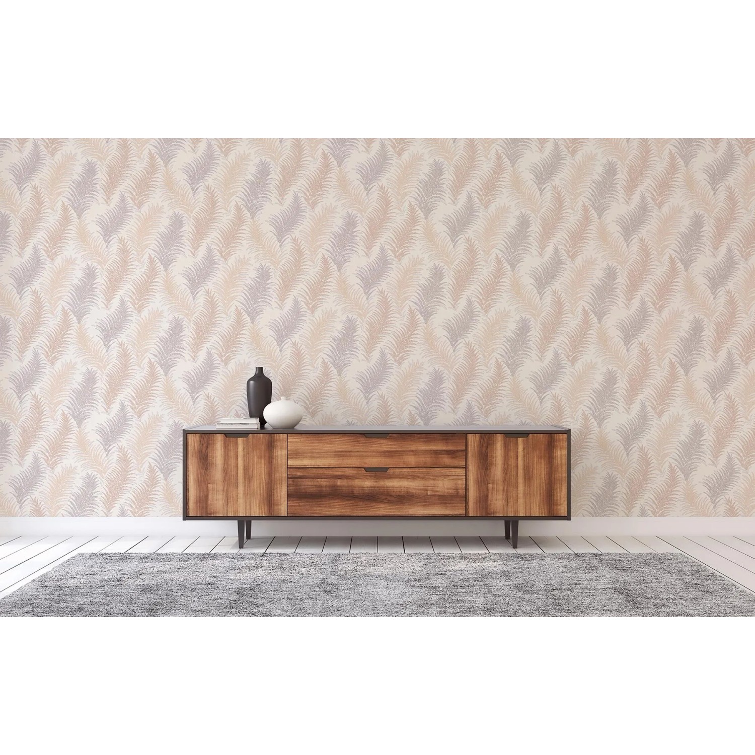 Tadessi Tapete Ginevra mit Dschungel-Motiv in Beige, Creme und Naturfarben an der Wand.